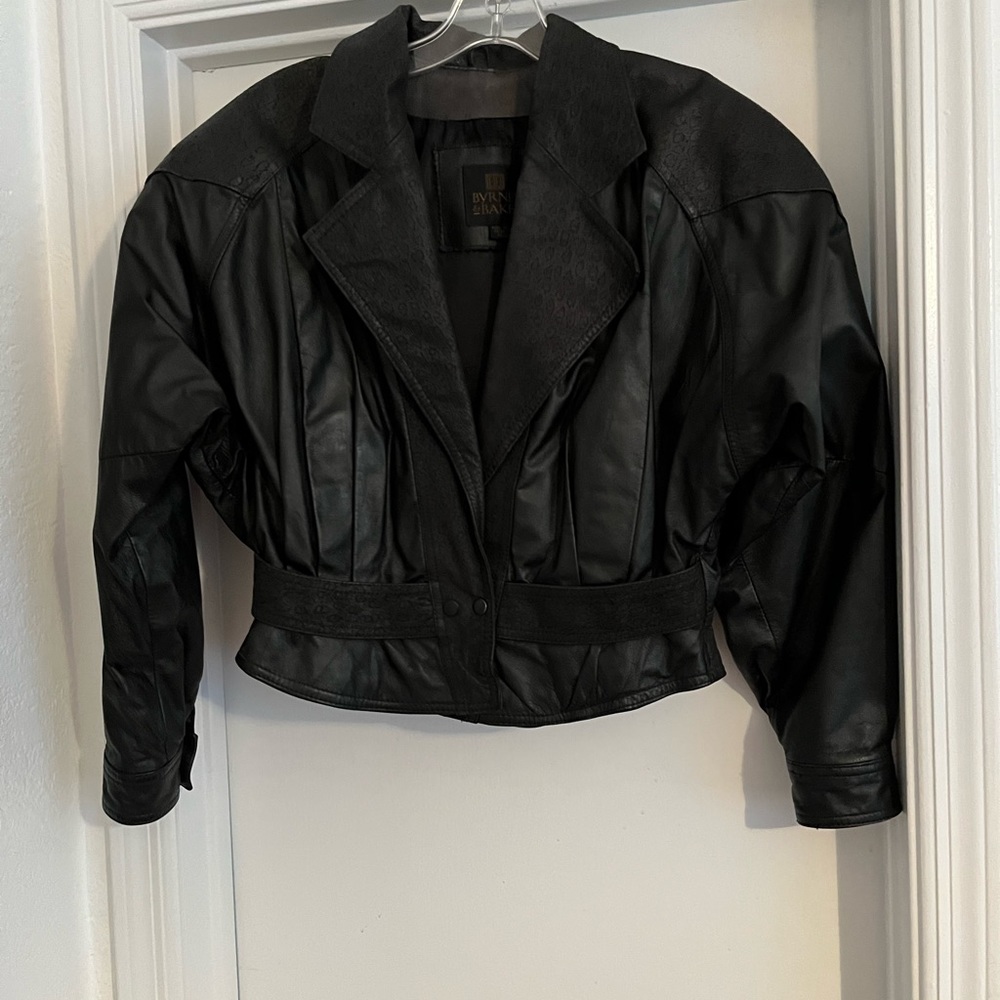 Retro Black Leather Jacket with subtle animal print